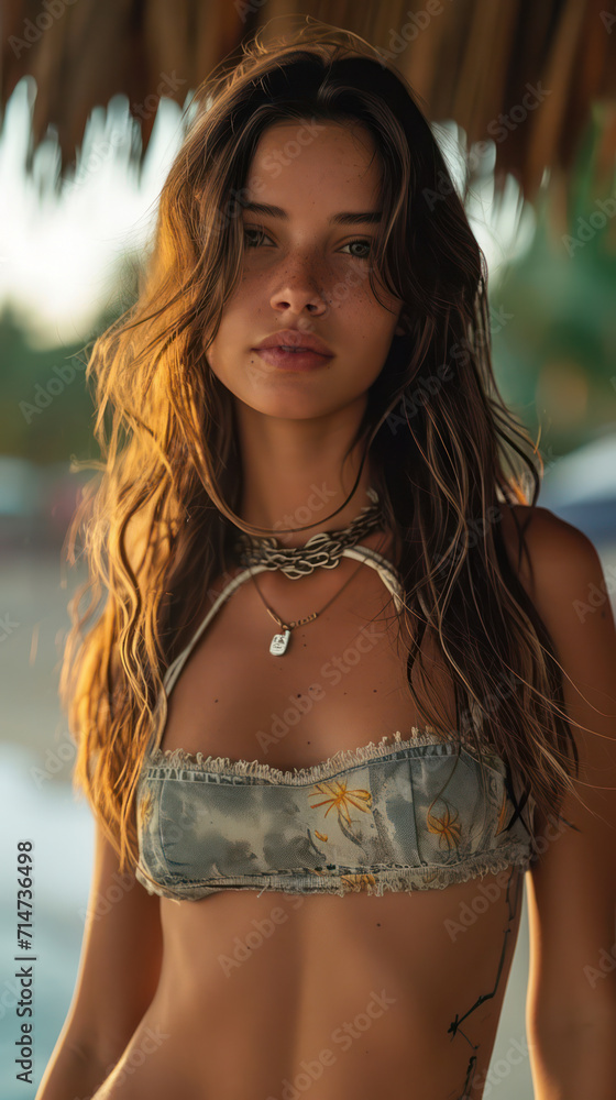 Beautiful Summer Portrait of a Fashionable Young Woman, Hair Flowing in the Wind, Relaxing by the Beach at Sunset, with a Background of Blue Sea and White Sand Beautiful Summer Portrait of a Fashionable Young Woman, Hair Flowing in the Wind, Relaxing by the Beach at Sunset, with a Background of Blue Sea and White Sand