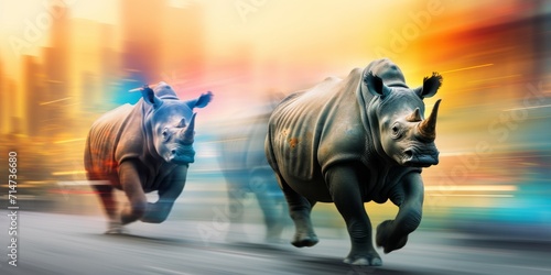 Silhouettes of rhinos in a hurry. Busy city concept