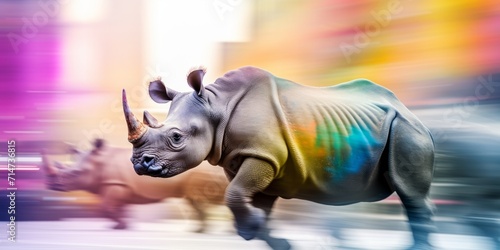 Rhinos in a hurry. Busy city concept, yellow, light green, light blue, rainbow colors