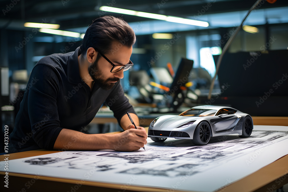 Automotive engineer designing a new electric vehicle model, sustainable ...