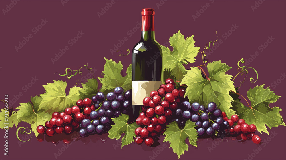 Grapes in Abundance: Overflowing clusters of grapes wrapping around a wine bottle, showcasing the abundance and quality of the vineyard's produce, bottle of wine, vector logo