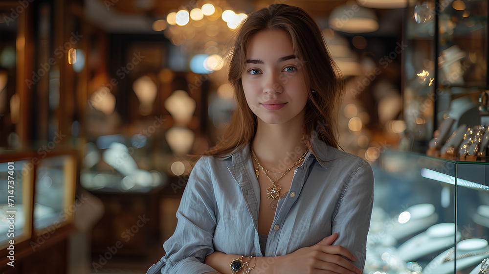 Portrait of Young Saleswoman Standing in Jewelry Store - Retail Concept for Jewelry Background Portrait of Young Saleswoman Standing in Jewelry Store - Retail Concept for Jewelry Background
