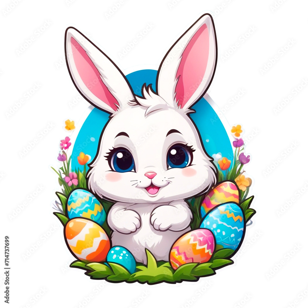 sticker - Easter bunny illustration, on transparent background, cute fluffy, easter eggs, stunning full color, high quality, cute stickers, cartoon style, white frame, colorful sticker - Easter bunny illustration, on transparent background, cute fluffy, easter eggs, stunning full color, high quality, cute stickers, cartoon style, white frame, colorful