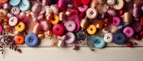 Buttons And Threads Of Various Colors Lie On The Table.  Generative AI	 photo