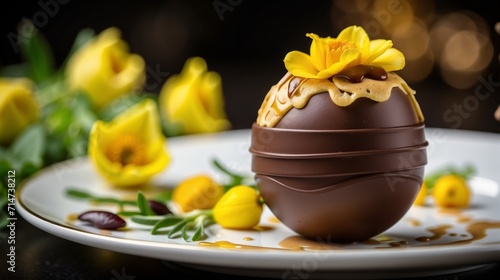 Delicious Easter egg from a pastry stuffed with chocolate and caramel, and decorated with showy yellow flowers, mouth-watering presentation, elegant table setting. Generated by AI