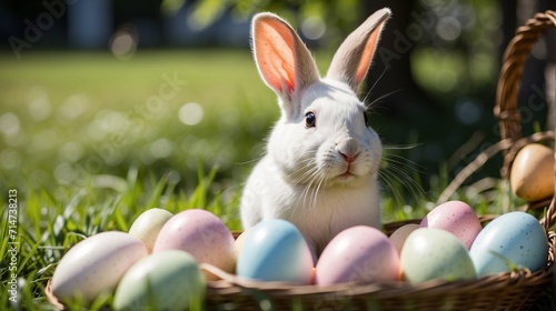 A cute white rabbit next to Easter - Painted Eggs In Basket On Grass In Sunny Orchard