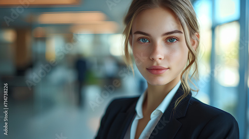 Portrait of Confident Business Woman in Suit with Blurred Office Staff Working in Background