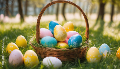 Easter - Painted Eggs In Basket On Grass In Sunny Orchard