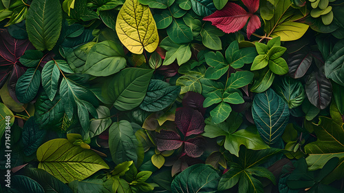 Foliage background with a variety of vibrant plant leaves showing a diverse ecosystem and the biodiversity of nature.