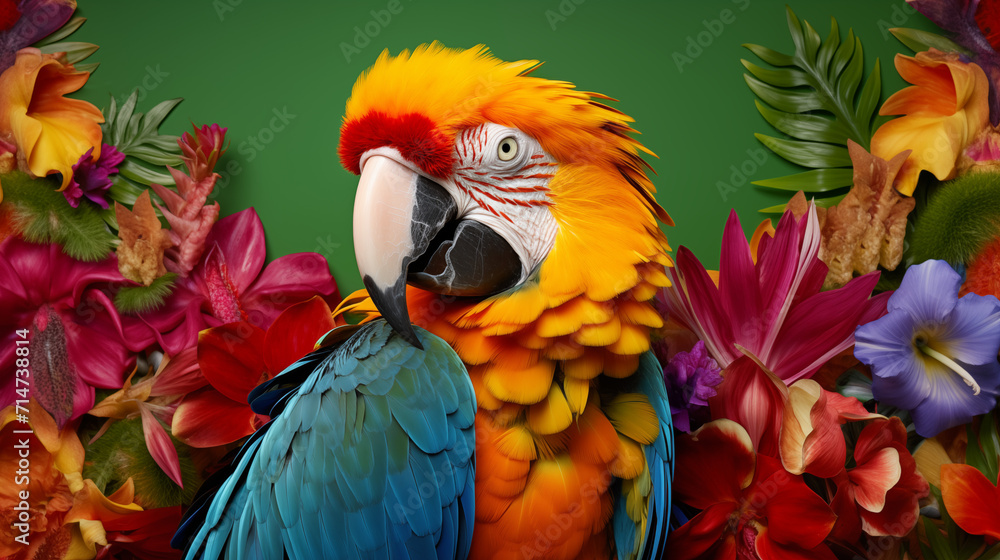 Fototapeta premium Colorful Macaw Parrot Amongst Exotic Flowers