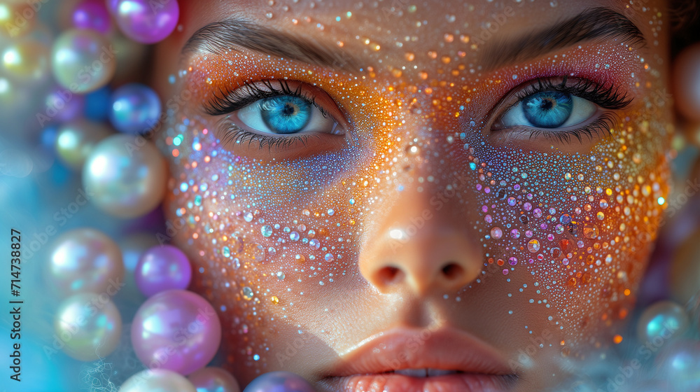 Captivating image a close up woman's face decorated with precious stones and pearls.  Surrealistic artwork. The intricate details, and utilize soft lighting. The magical and dreamlike ambiance. - obrazy, fototapety, plakaty 