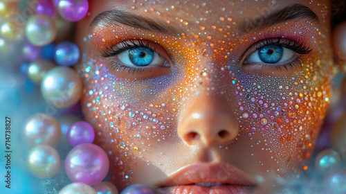 Captivating image a close up woman's face decorated with precious stones and pearls. Surrealistic artwork. The intricate details, and utilize soft lighting. The magical and dreamlike ambiance.