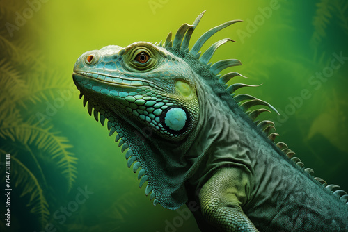 Detailed Portrait of a Green Iguana with Tropical Background