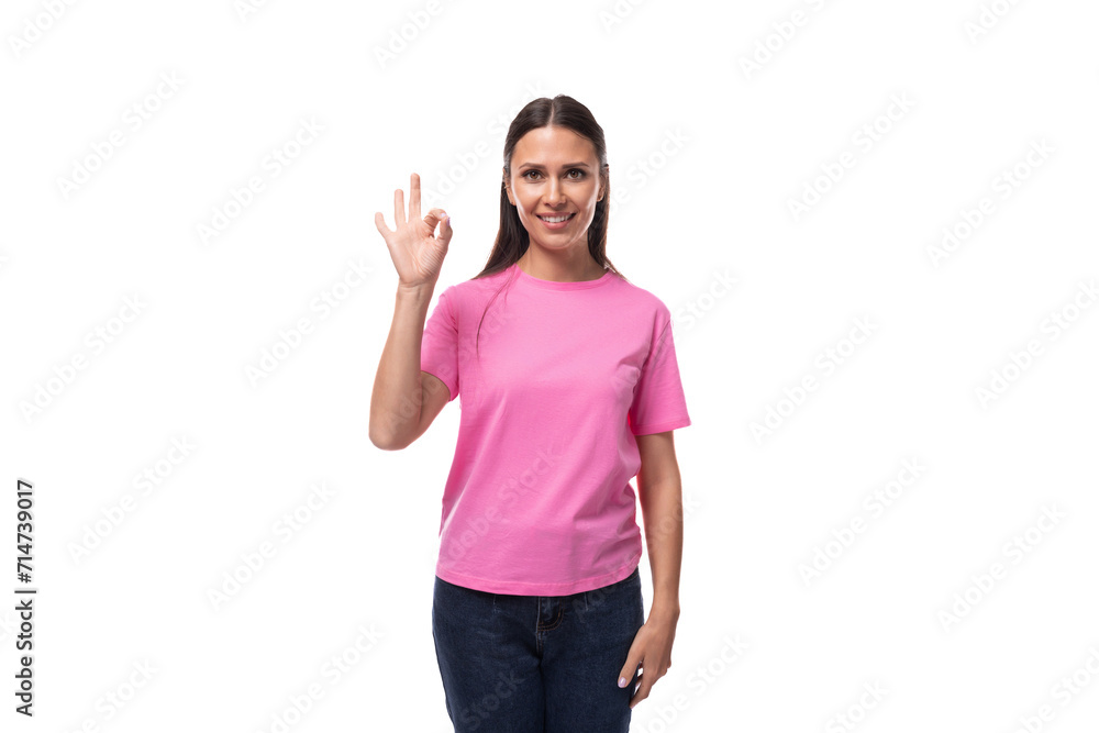 young slender woman dressed in pink cotton t-shirt with print template young slender woman dressed in pink cotton t-shirt with print template