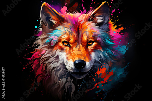 multicolored neon portrait of a fox looking forward, in the style of pop art on a black background.