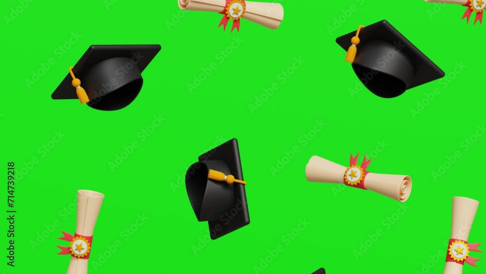 3D graduation ceremony hat and degree or diploma certificate falling on ...