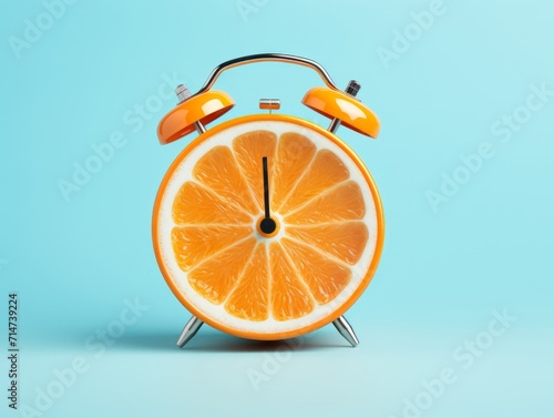 Tasty fresh orange creative idea layout slice alarm clock on pastel blue background