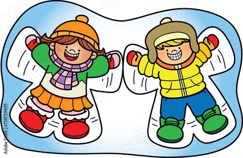 Boy and Girl playing snow angel in the winter clip art