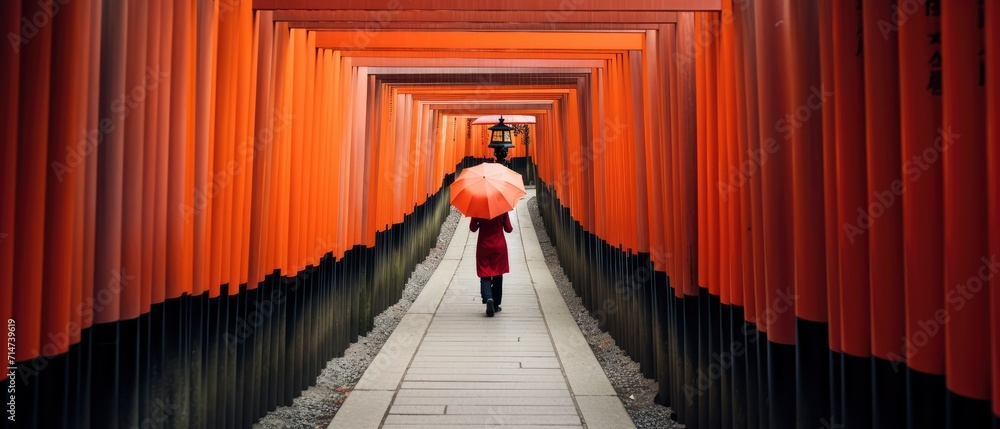 Fototapeta premium Person With Umbrella Walking Down Path in Rainy Weather