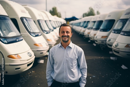 Line of Brand New Camper Vans Motorhomes Awaiting Clients on Dealership Sales Lot with manager