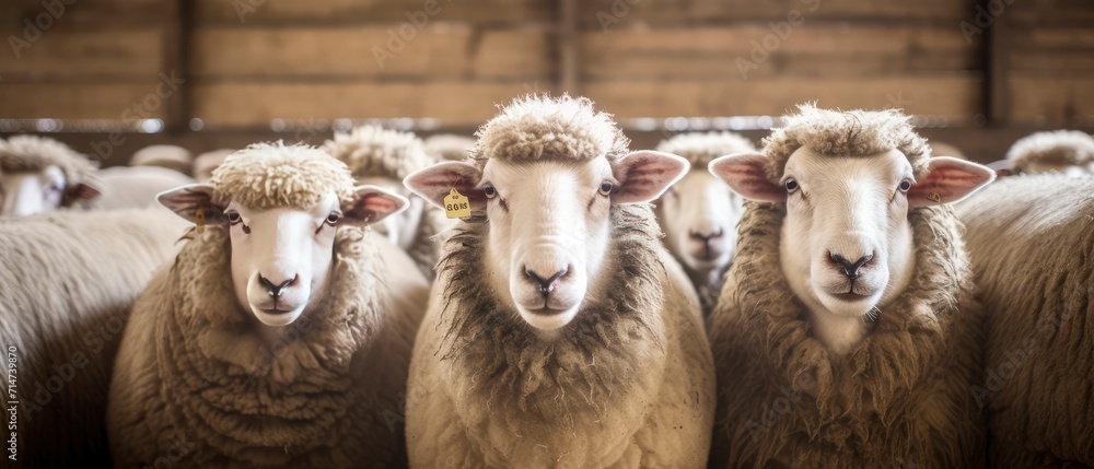 Obraz premium A Herd of Sheep Standing Together in a Flock on Grass Field