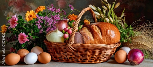 Easter food basket for church blessing, traditional Catholic European custom with eggs, onion, ham, and bread.