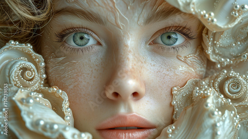 Captivating image a close up woman's face decorated with shell and pearls.  Surrealistic artwork. The intricate details, and utilize soft lighting. The magical and dreamlike ambiance. photo