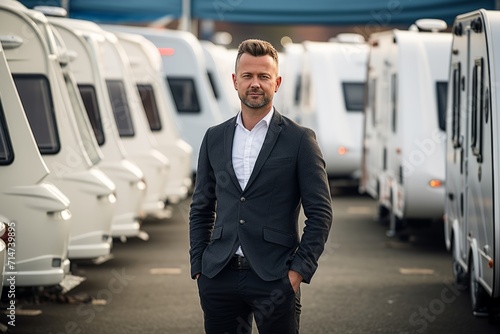 Line of Brand New Camper Vans Motorhomes Awaiting Clients on Dealership Sales Lot with manager