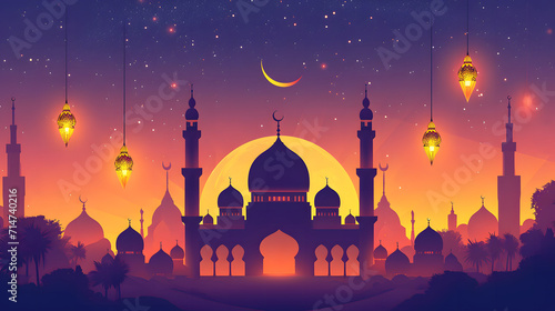 Mosque silhouette with crescent moon over mosque silhouette