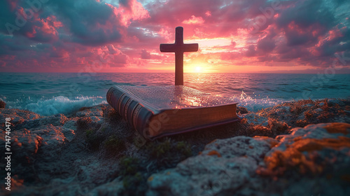 Bible by the sea in the evening photo