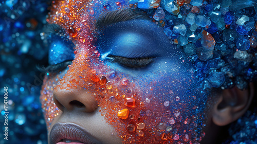 Captivating image a close up woman's face decorated with precious stones and pearls. Surrealistic artwork. The intricate details, and utilize soft lighting. The magical and dreamlike ambiance.