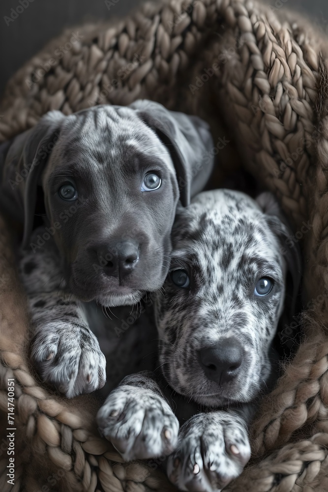 Adorable puppies nestled in a cozy blanket, a portrait of canine companionship. AI