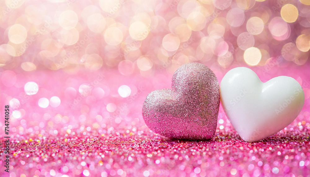 Fototapeta premium Two Hearts On Pink Glitter In Shiny Background - Valentine's Day Concept