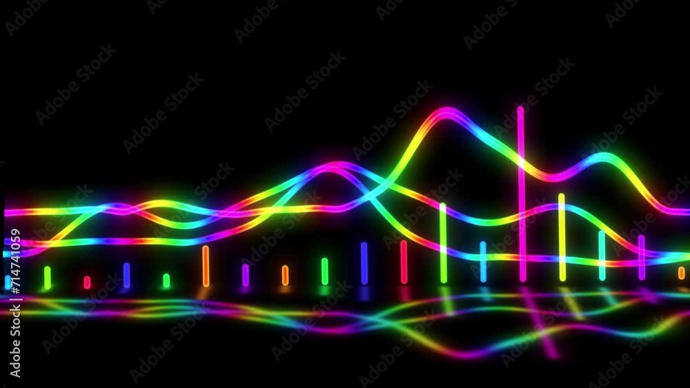 Glowing Colorful Neon Music Equalizer Animation On Black Background, Abstract Glowing Sound Wave Animation On Black Background, Sound Wave Signal Animation. Audio Colorful Glowing Wave Signal, Audio 