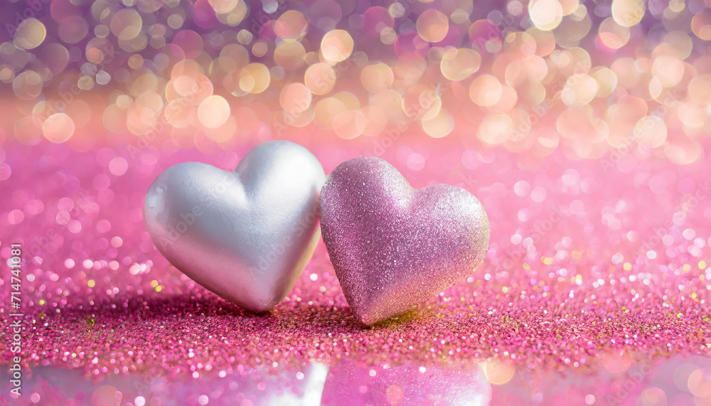 Two Hearts On Pink Glitter In Shiny Background - Valentine's Day Concept Two Hearts On Pink Glitter In Shiny Background - Valentine's Day Concept
