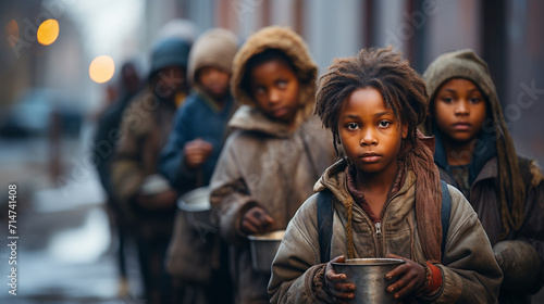 African poor homeless sad children are standing in line to get food photo