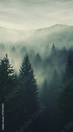 Foggy forest in the mountains and hills retro color landscape. Phone wallpaper background, for stories, media, social sample, banner.