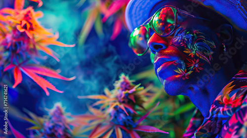 Marijuana Farmer. Weed Grower. Bathed in a Spectrum of Rainbow Colors  Radiating Vivid and Colorful Reflections