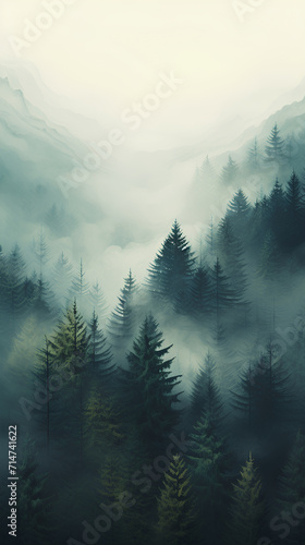 Foggy forest in the mountains and hills retro color landscape. Phone wallpaper background, for stories, media, social sample, banner.