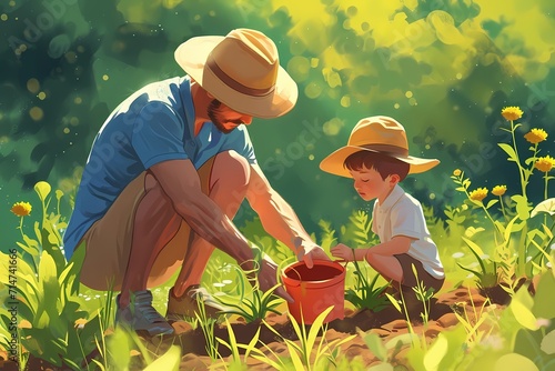 father and son are planting plants