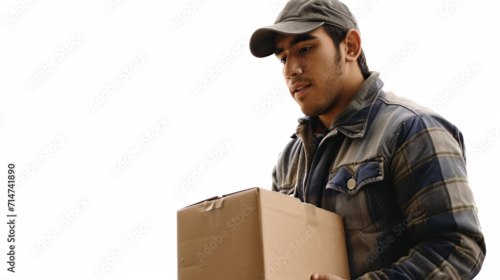 Delivery man delivering a package isolated from white background 