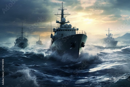 Warships navigating on the ocean. Generative AI