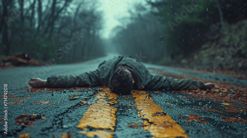 the victim's body on the asphalt