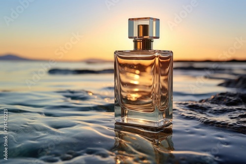 perfume on the beach, luxury fragrance in nautical style, perfume bottle on a sand against the sea, Perfume bottle on water, perfume on the beach at sunset