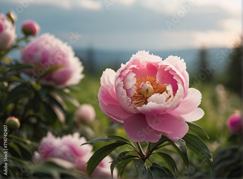 Blooming peony flower outdoor  time lapse  closeup from Generative AI