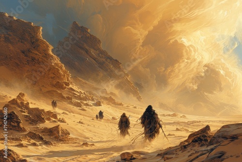 Whirling sandstorm nomads, wandering the desert in search of lost treasures - Generative AI