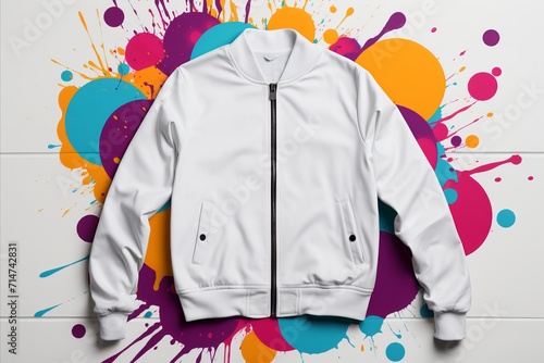white bomber jacket on an abstract background, copy space white mockup template