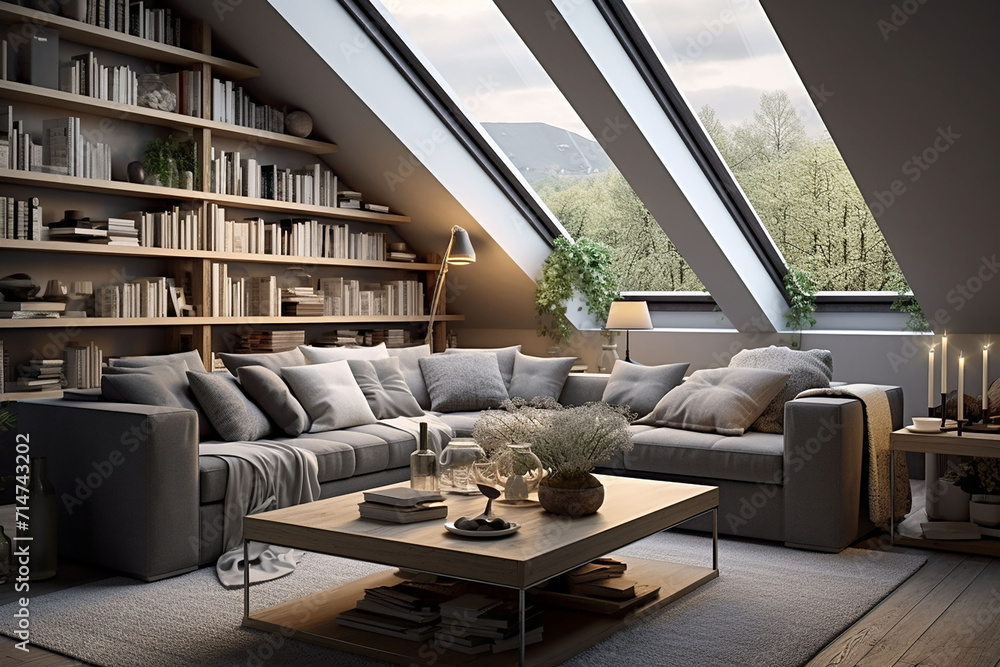Fototapeta premium Modern living room gray wall with sofa generated.AI