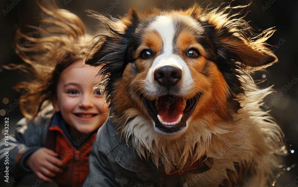 A happy child stands behind their beloved dog, a brown breed with its mouth open, both smiling and posing in the great outdoors, their bond and joy evident in this heartwarming moment captured in a s