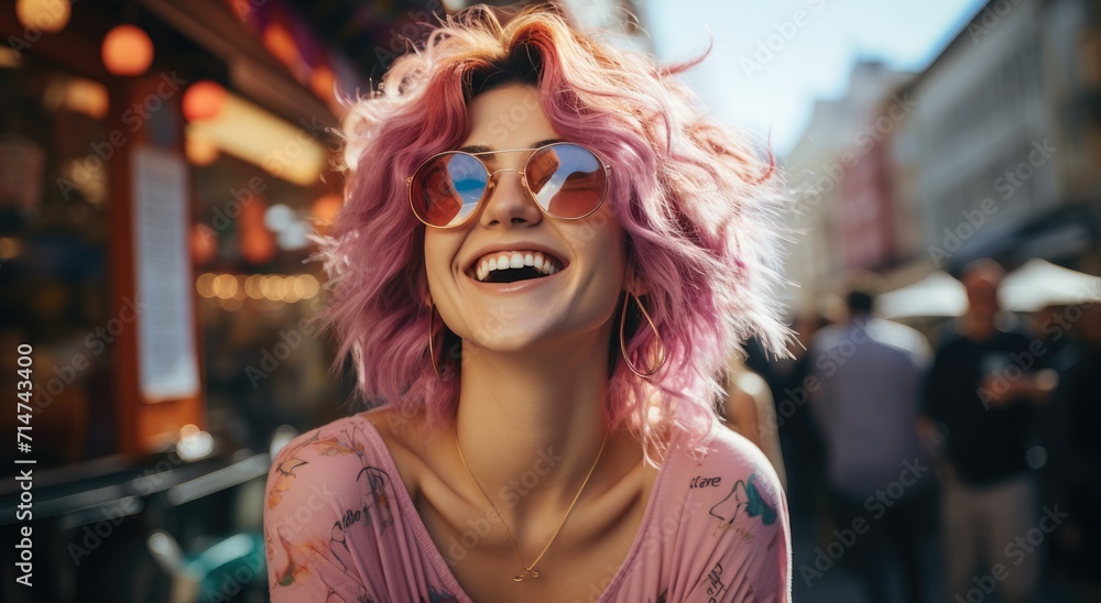 A bold and confident woman with pink hair and stylish sunglasses exudes joy as she stands against a colorful street backdrop, showcasing her unique sense of fashion and vibrant personality